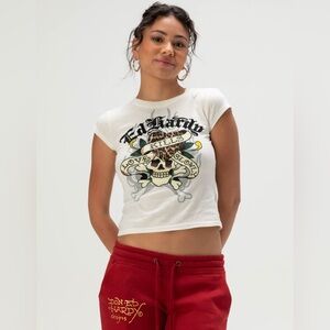 ED HARDY Love Kills Slowly Skull Womens Cap Sleeve Tee Small Ivory NWT